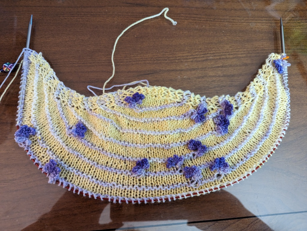 Yellow and white striped shawl with purple flowers